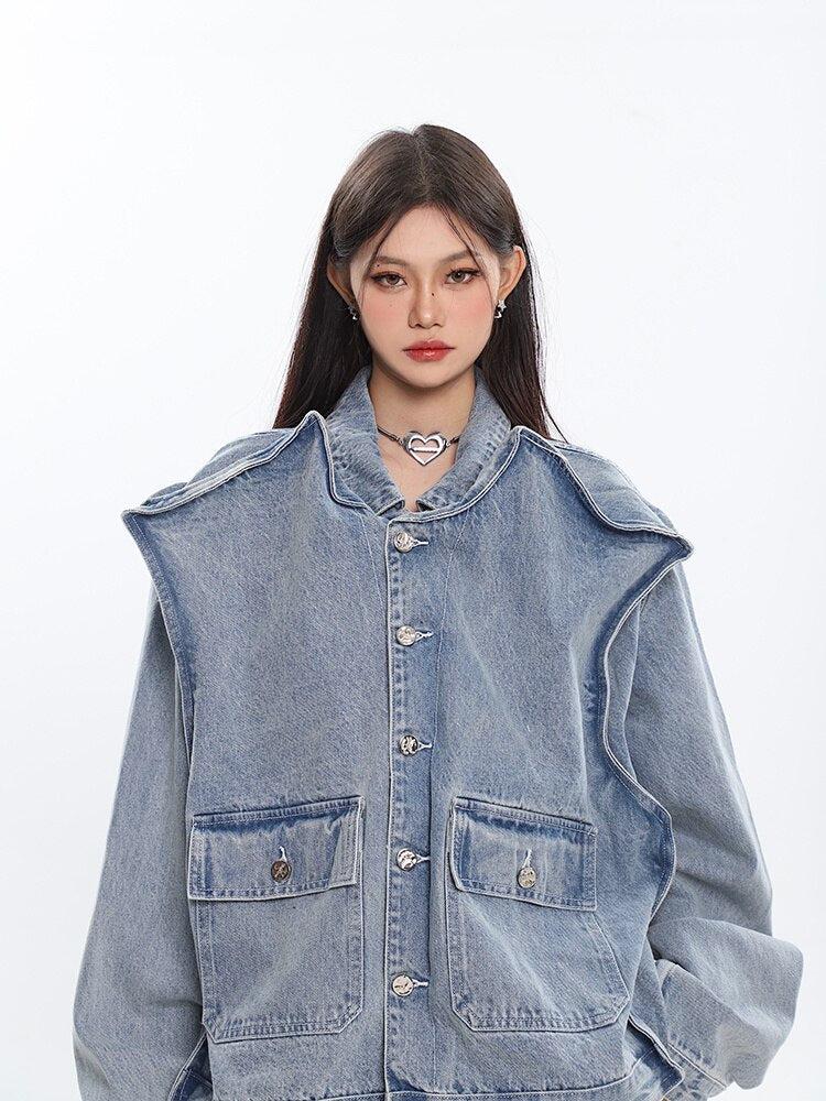【y2k】design denim jacket デザインデニムジャケット Custom Distressed Y2K Jean Long Sleeve Designer Fashion