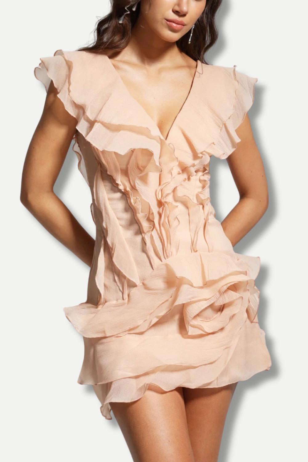 asymmetric multi strap ruffle detail mini dress in blush Elea Asymmetrical Mini Dress in Peach