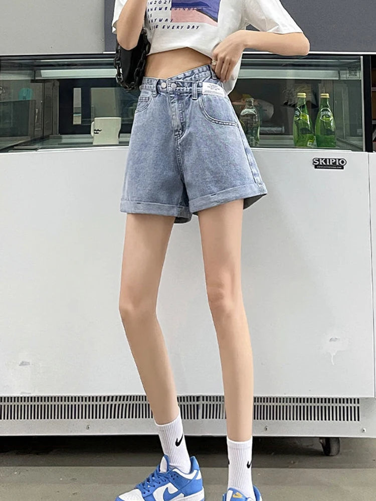 Asymmetric Waist Detail Denim Shorts