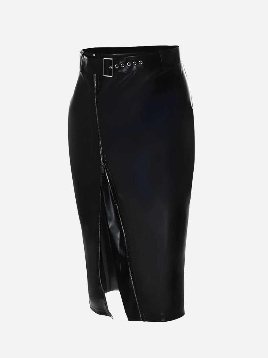ZIYIXIN Women's Black PU Leather High Waist Pencil Skirts Streetwear Zip Up  High Split Bodycon Midi Skirts with Belt - Walmart.com