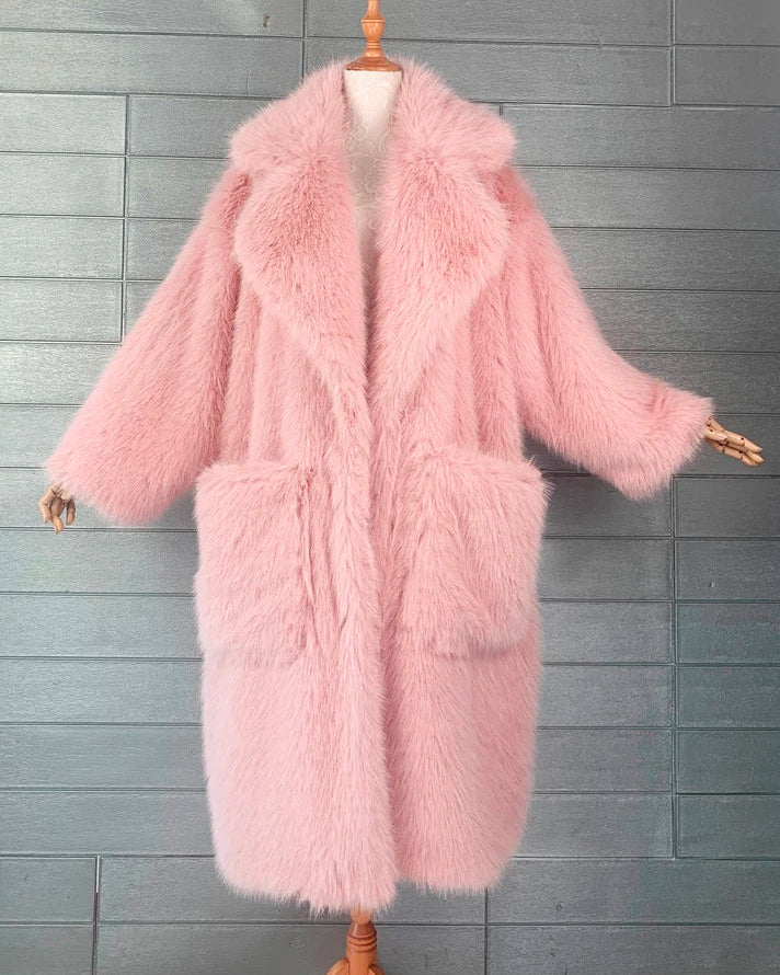 Barbiecore Plush Faux Fur Maxi Coat