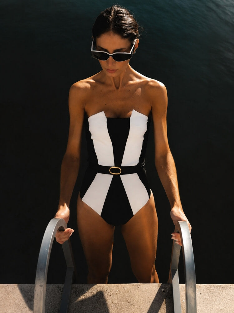 Belted Color Block Swimsuit