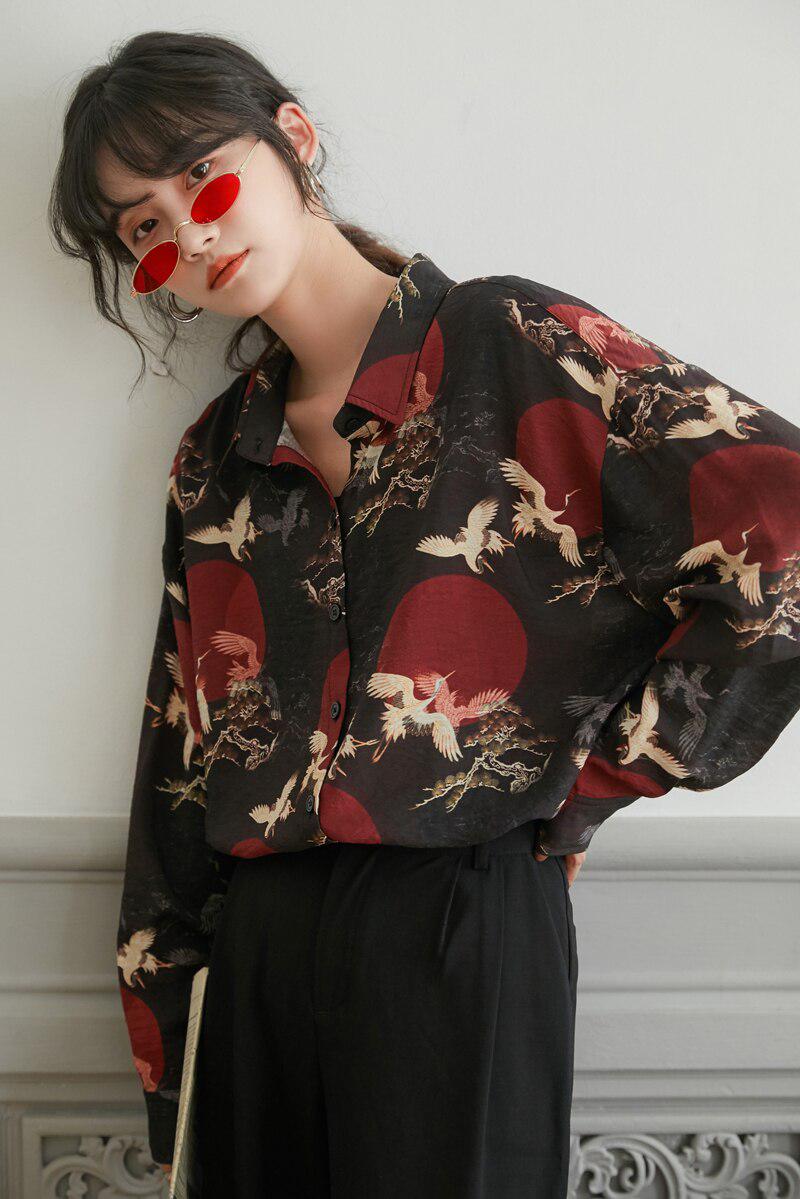 Bird Pattern Long Sleeve Shirt