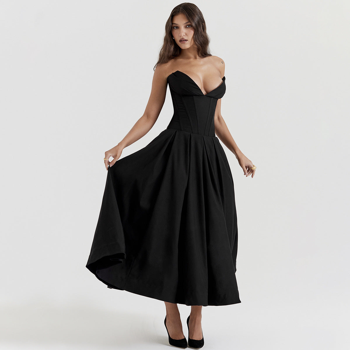 Black Plunge Corset Midi Dress - Litlookz Studio Black Plunge Corset Midi Dress - Litlookz Studio