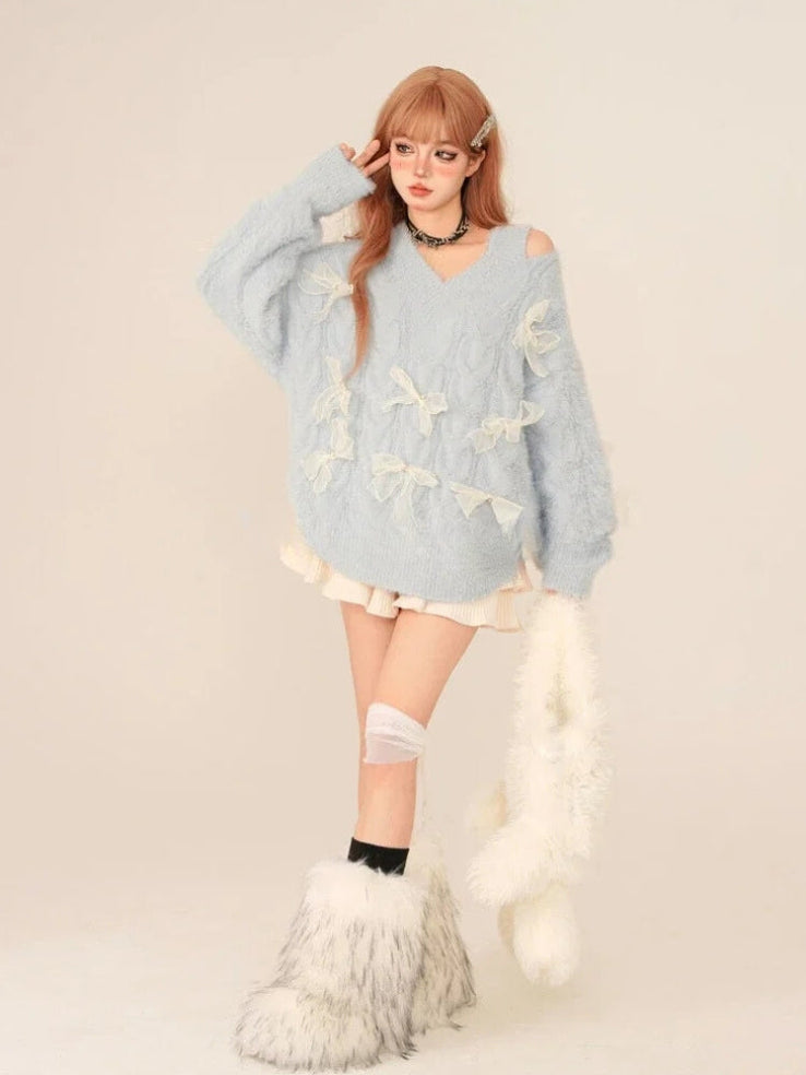 Bow Decor Hollow Out Knitted Drop Shoulder Sweater main image 0