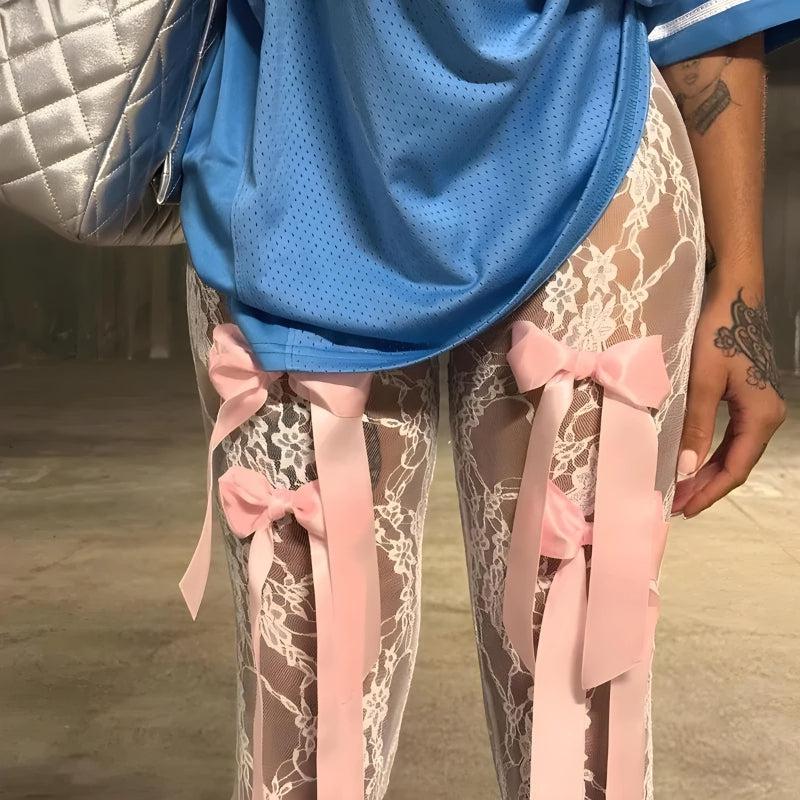 Bow Transparent Lace Flare Pants
