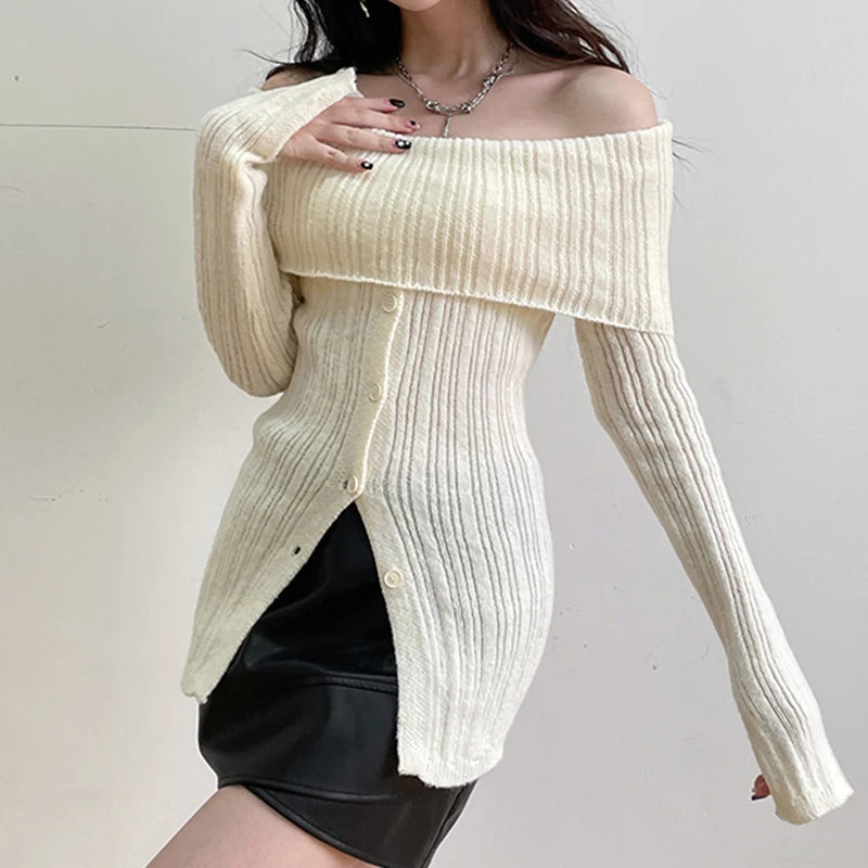 Button Up Off Shoulder Knitted Top - Litlookz Studio