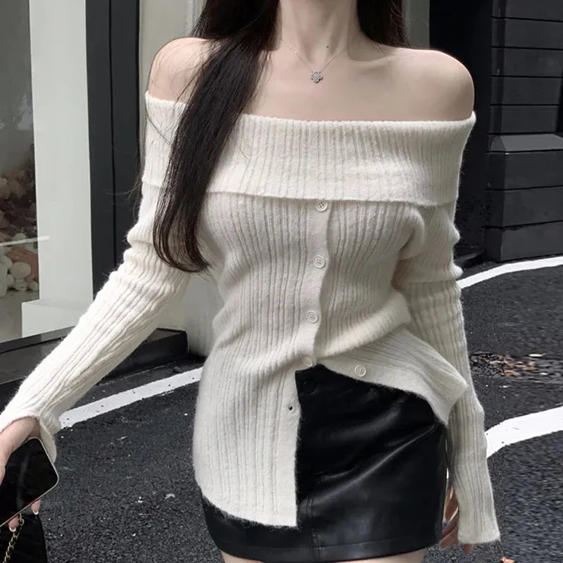 Button Up Off Shoulder Knitted Top - Litlookz Studio