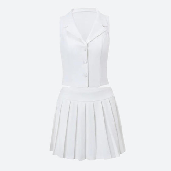 Front Button Blouse & Pleated A-Line Skirt 2pcs Set