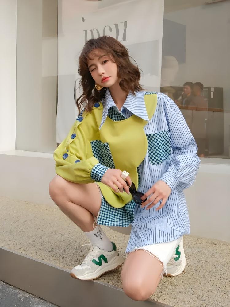 Buttoned Sleeved Patchwork Shirt - Litlookz Studio