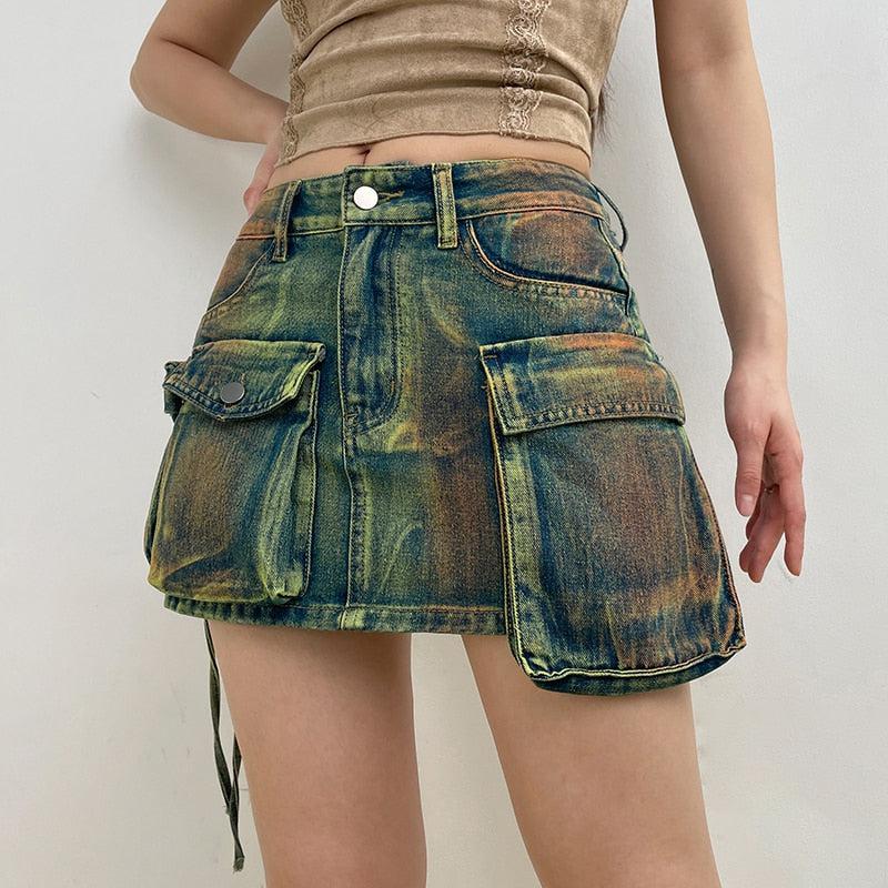 Cargo Denim Mini Skirt - Green / S