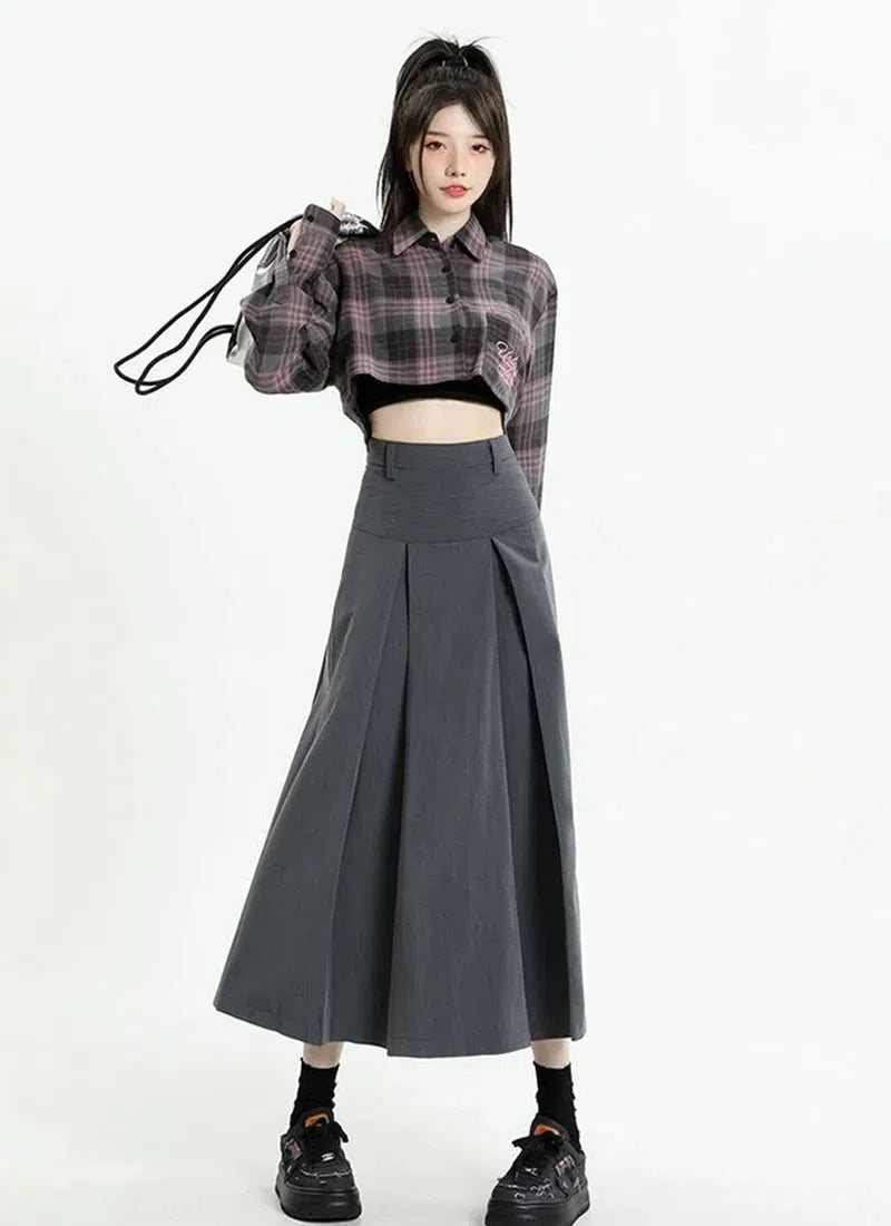 College Girl Pleated A-Line Midi Skirt