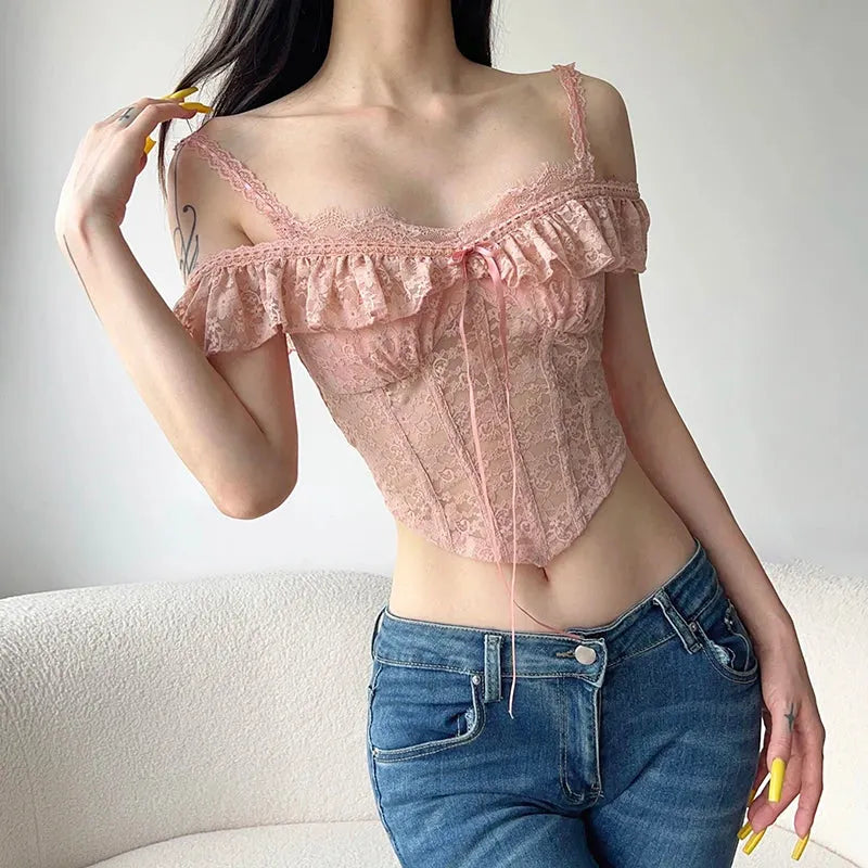 Talassia　y2k 00s　coquette　ビック花　バレエコアᥫ᭡ Coquette Lace Crop Top - Litlookz Studio