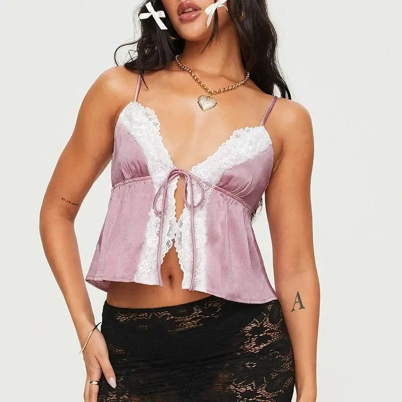 Coquette Lace Trim Tie Front Top