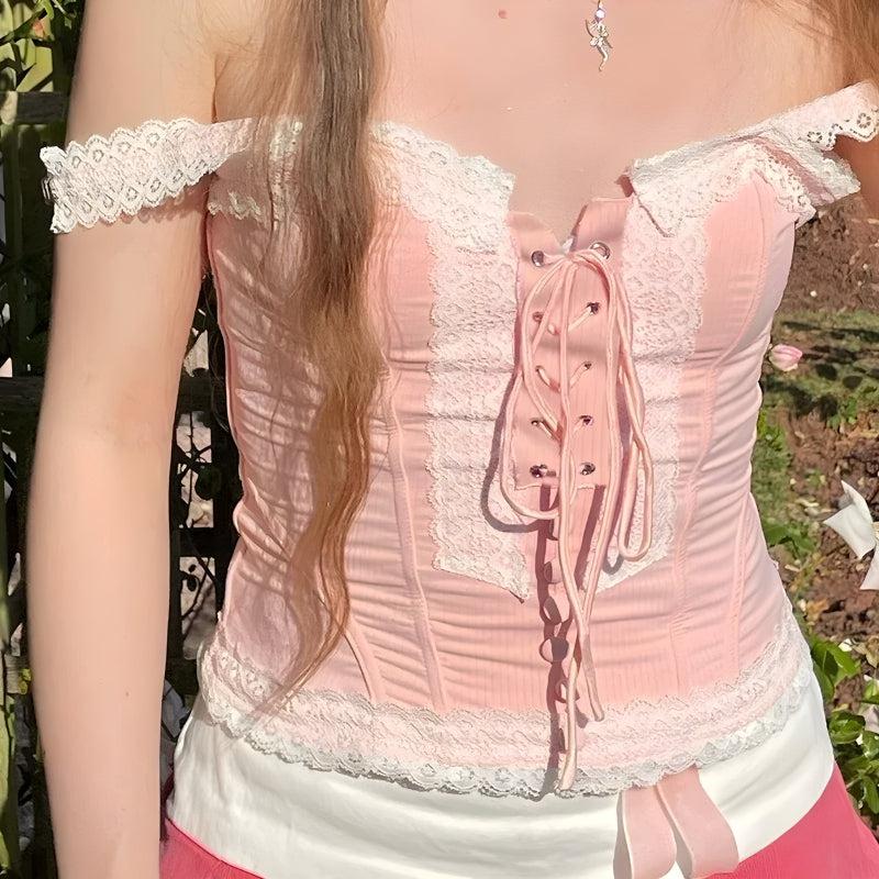 Coquette Lace Up Corset Top - Pink / S