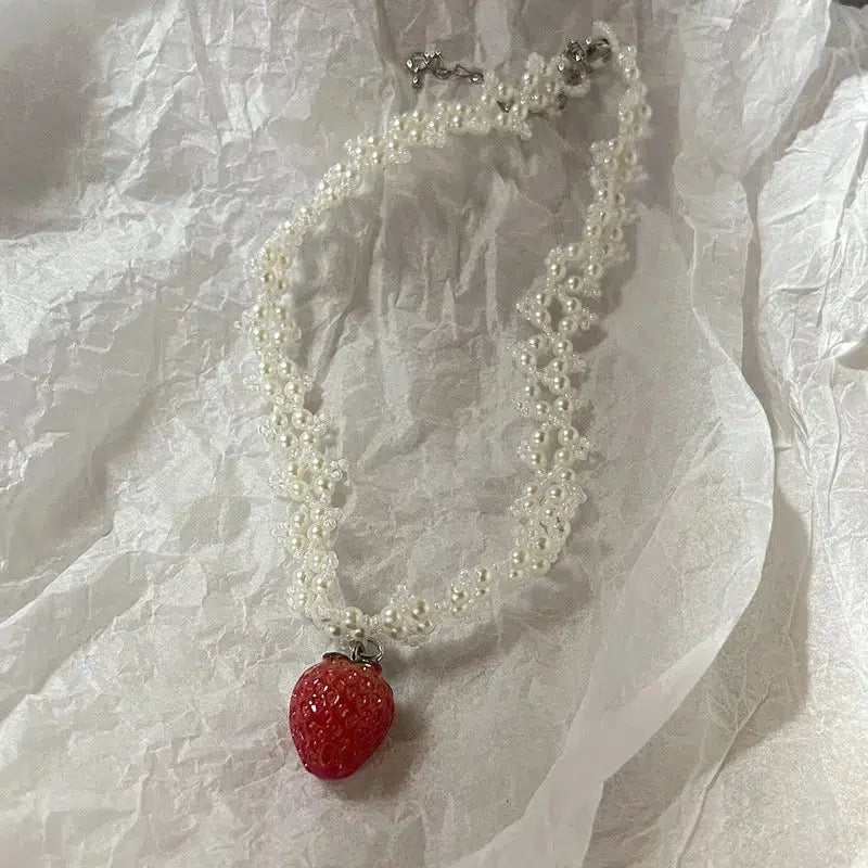 Coquette Strawberry Pearl Beaded Necklace