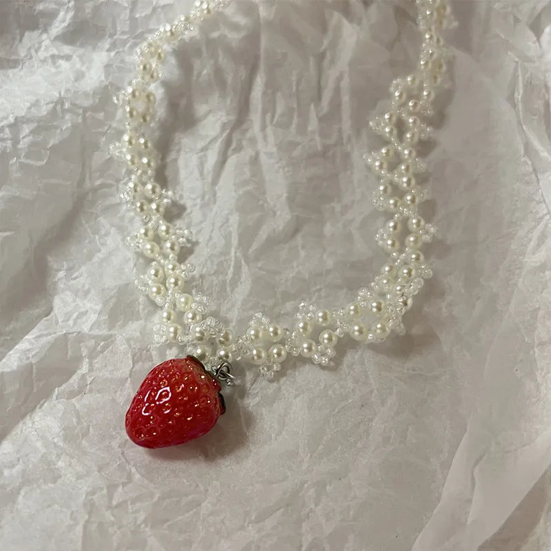 Coquette Strawberry Pearl Beaded Necklace