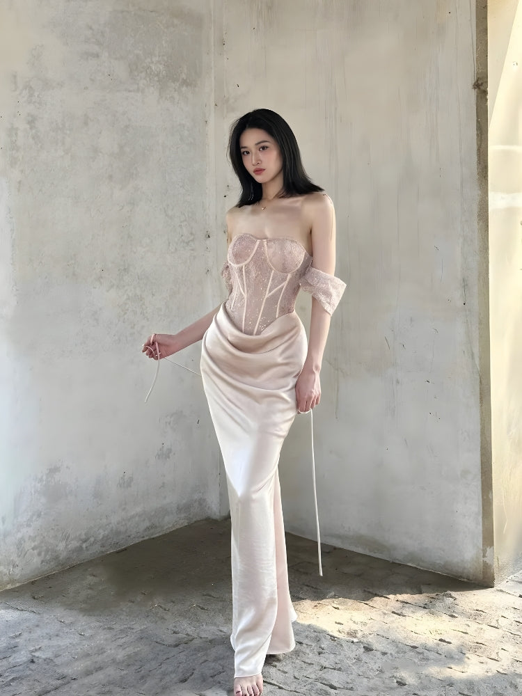 bustier satin maxi dress Leila Satin Corset Maxi Dress / Ivory | MESHKI