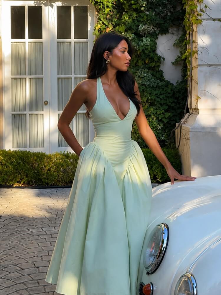 cottagecore green dress Shop Halter Maxi BELT Simplicity Classic Style Ladies Grass Green colors Style:With 39in Train