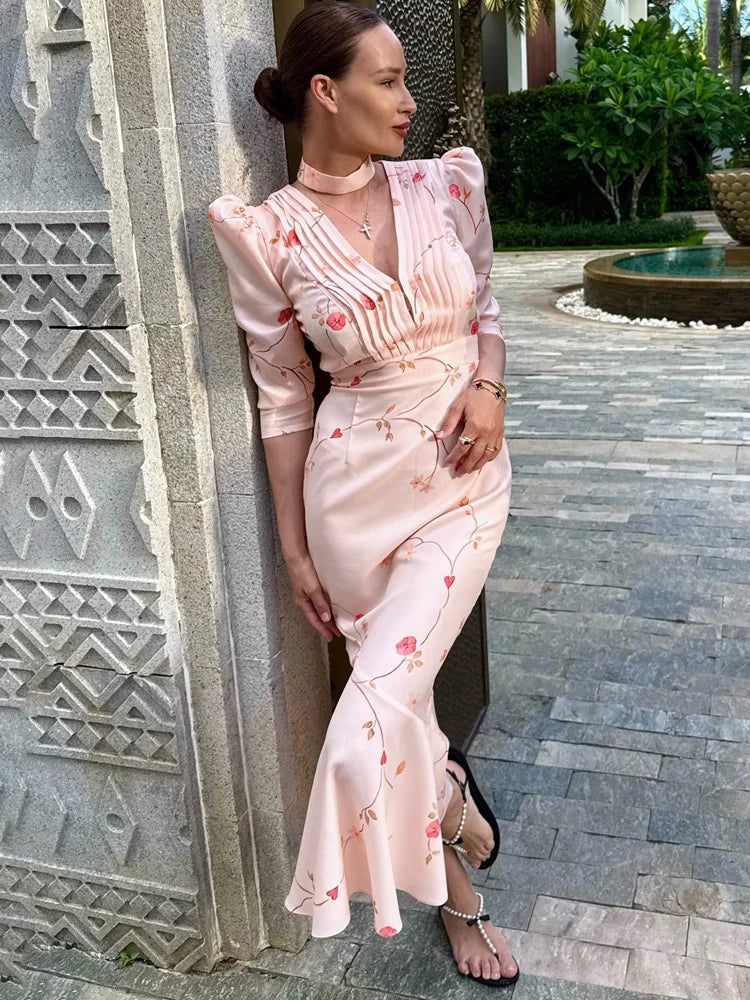 strapless open back dress Cottagecore V-Neck Midi Dress