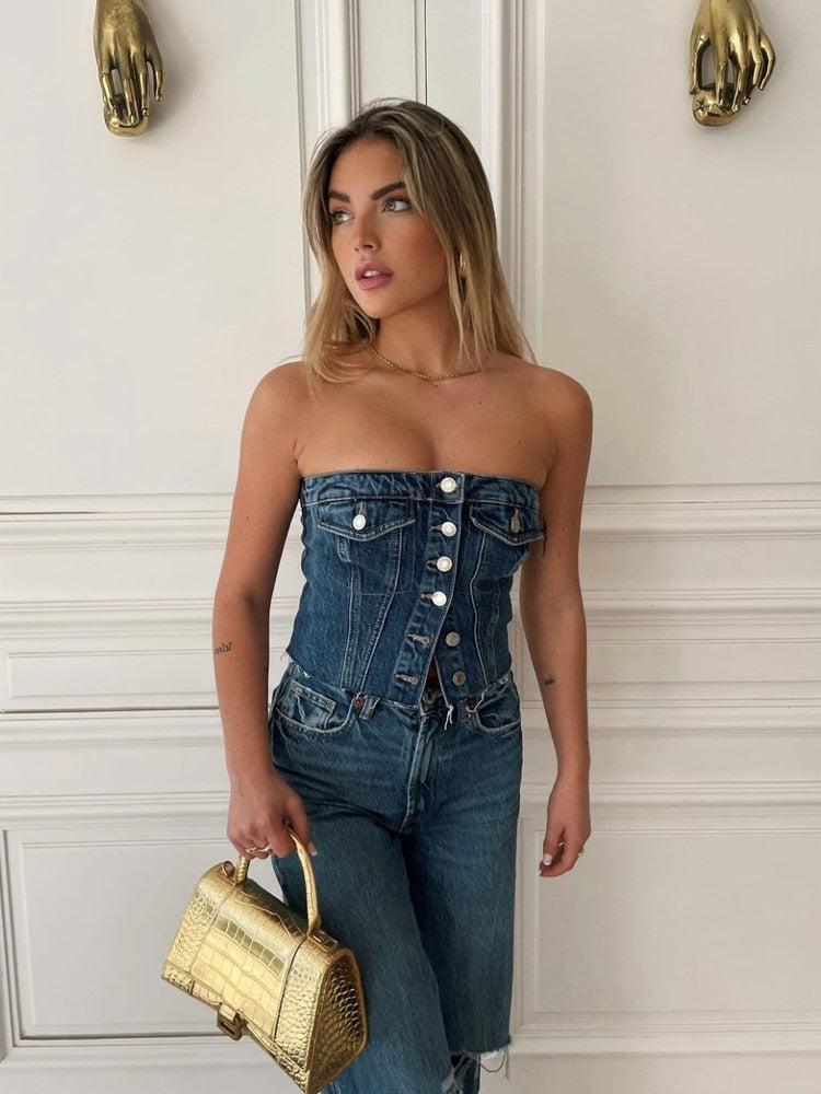 Cowgirl Button Up Denim Tube Top