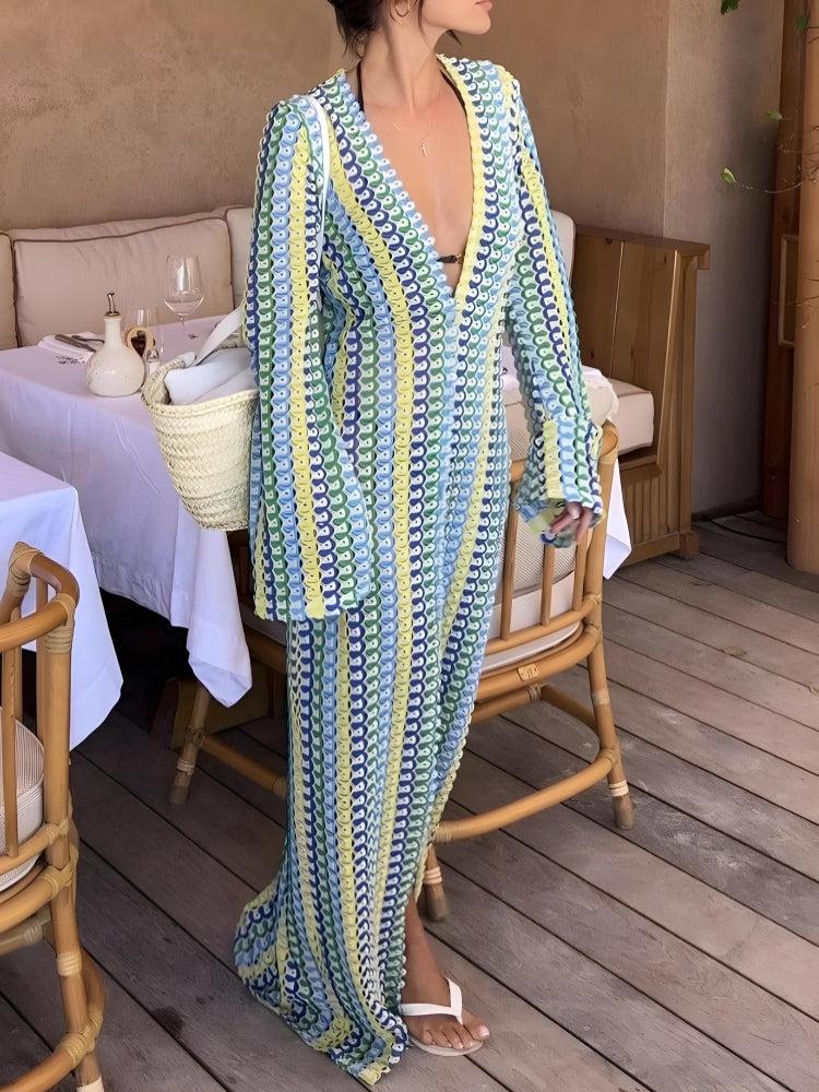 crochet striped maxi dress Crochet Striped Plunge Neck Maxi Dress