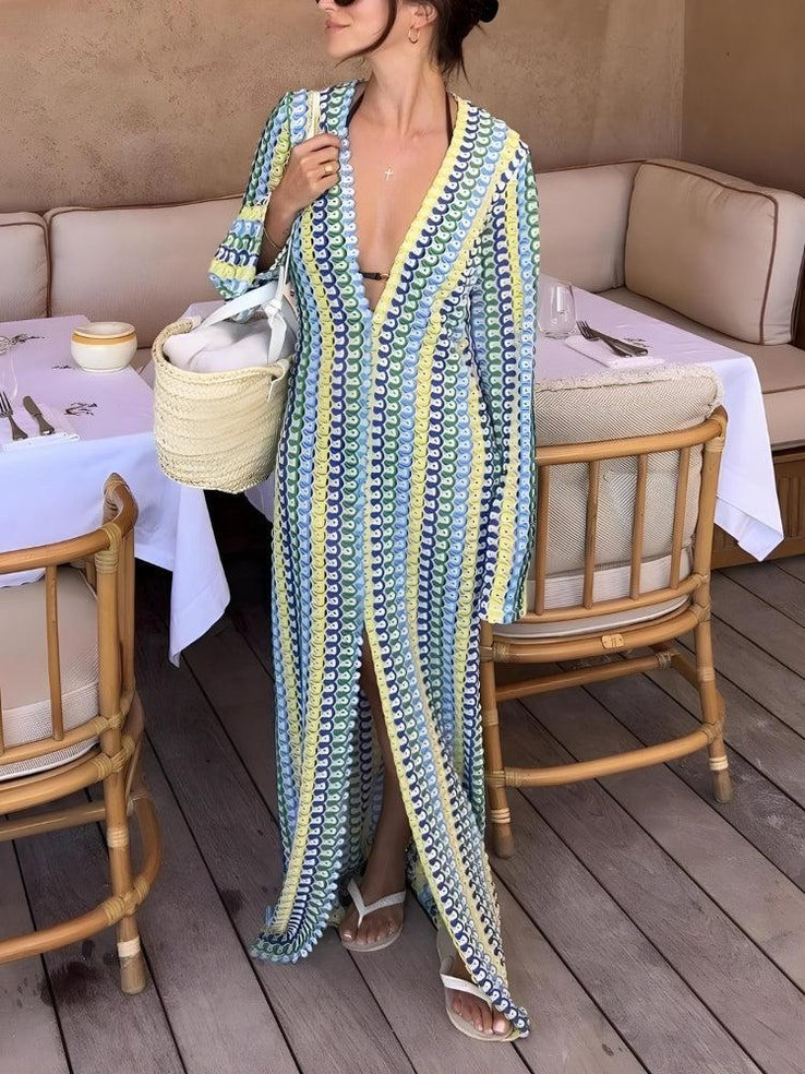 Summer V-Neck Striped Crochet Slit Sexy Maxi Dress main image 0