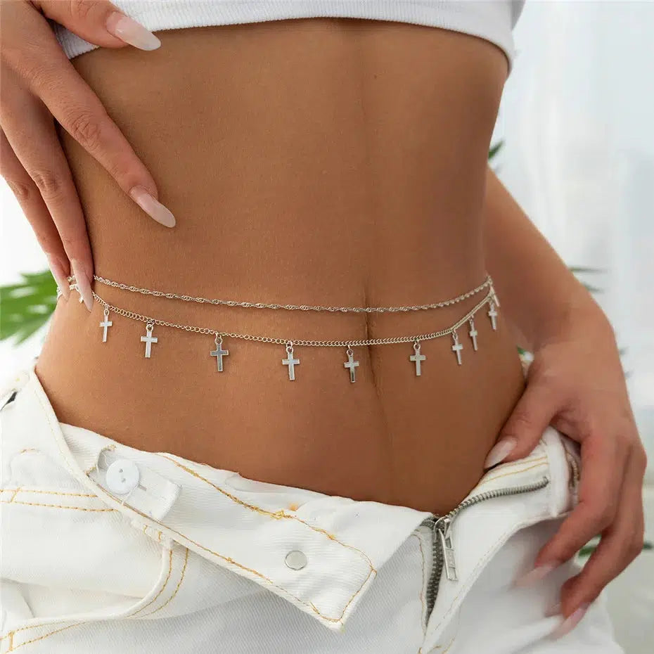 Y2K waist Chain Cross Detail Summer Double Layer Rhinestone Cross Chain Body Chain for  main image 4