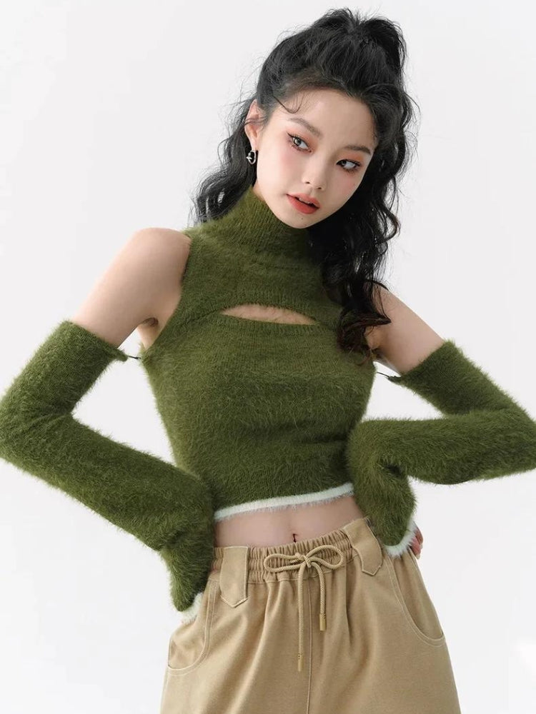 Cut Out Fluffy Crop Sweater Top