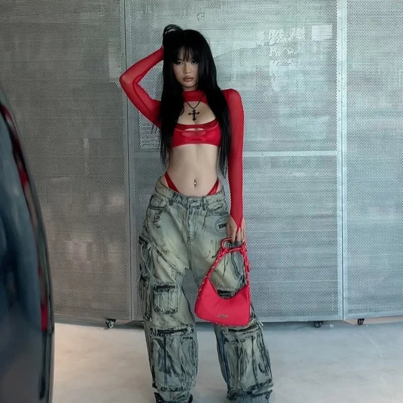 Cut-Out Sheer Mesh Crop Top