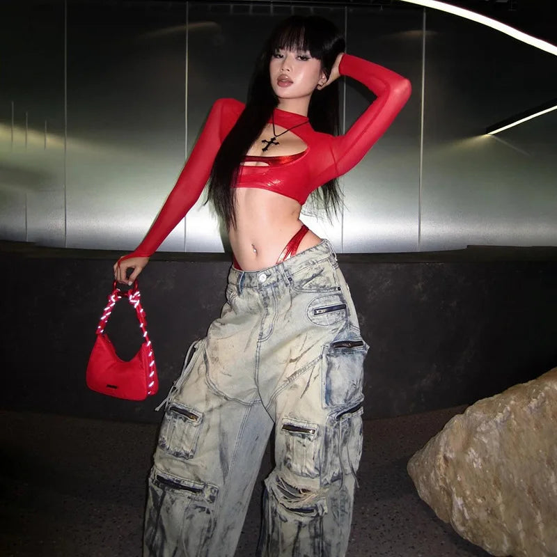 Cut-Out Sheer Mesh Crop Top