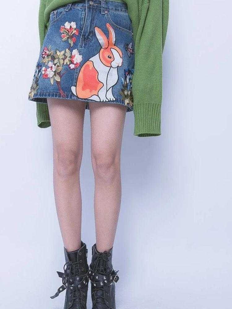 Cute Rabbit Denim Mini Skirt