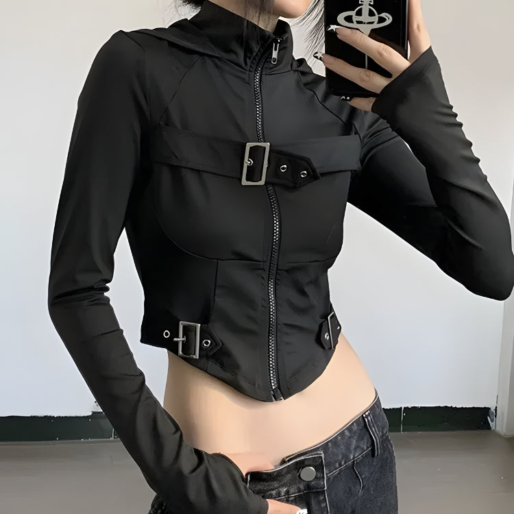 Cyberpunk Belted Zip-Up Crop Jacket