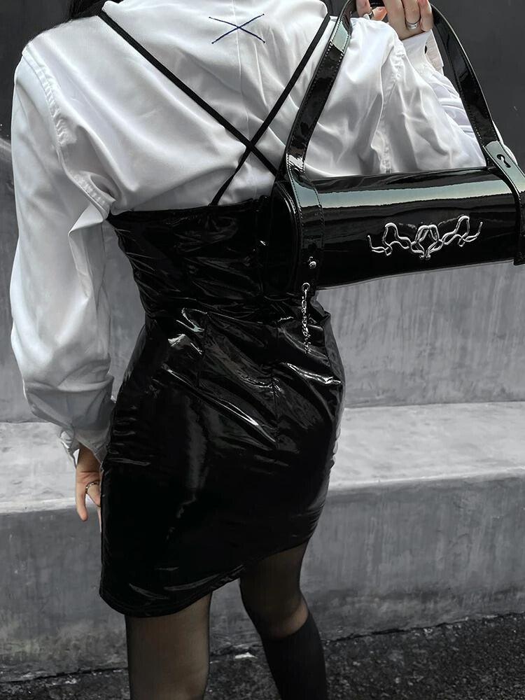 Cyberpunk Faux Patent Leather Mini Dress - Litlookz Studio Cyberpunk Faux Patent Leather Mini Dress - Litlookz Studio