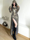 Cyberpunk Metallic Hooded Midi Dress