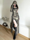 Cyberpunk Metallic Hooded Midi Dress