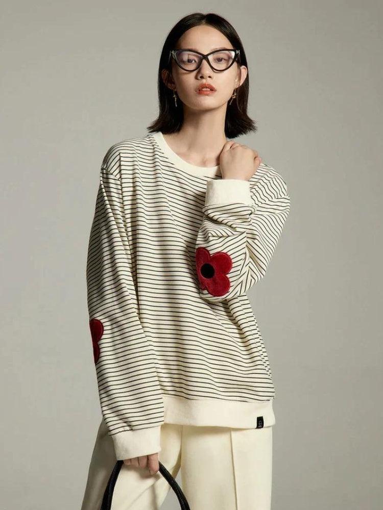 Daisy Embroidered Striped Sweatshirt