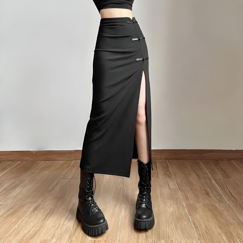 Dark Academia High Split Midi Skirt