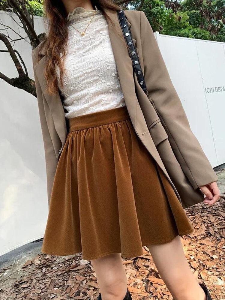 brown skater skirt outfit