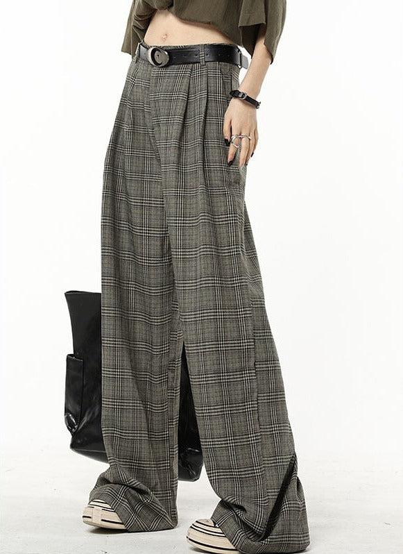 Dark Academia Wide Leg Plaid Pants - Gray / S