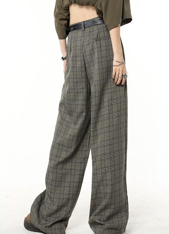 Dark Academia Wide Leg Plaid Pants - Gray / S