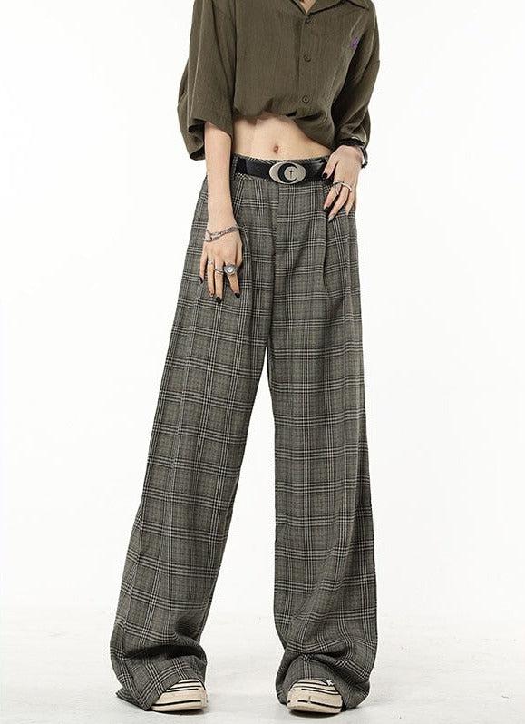 Dark Academia Wide Leg Plaid Pants - Gray / S