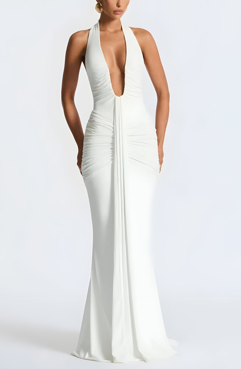 white plunge ruched shirt dress Deep Plunge Ruched Front Mini Bodycon Dress In White Slinky | EGO US