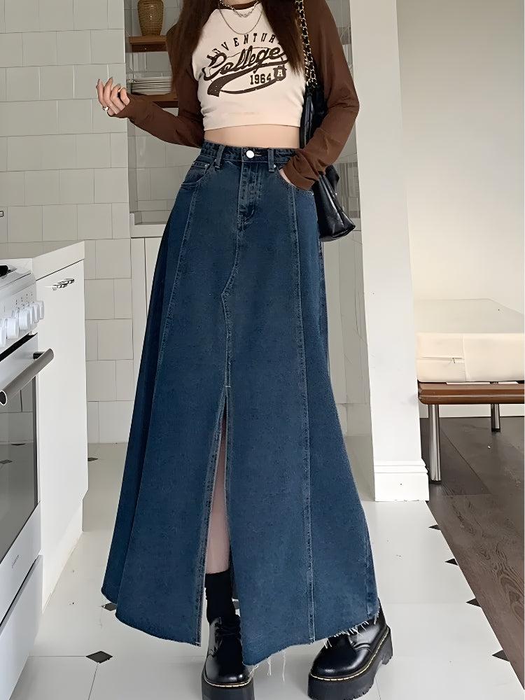 Denim Slit Frayed Hem Maxi Skirt - Litlookz Studio