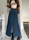 Denim Slit Frayed Hem Maxi Skirt