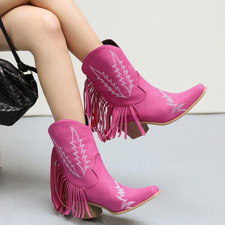 pink disco cowgirl fringe ankle boots