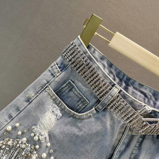 Rhinestone Fringe Denim Shorts