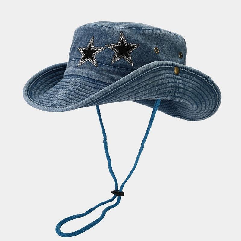 disco cowgirl star printed denim hat in blue