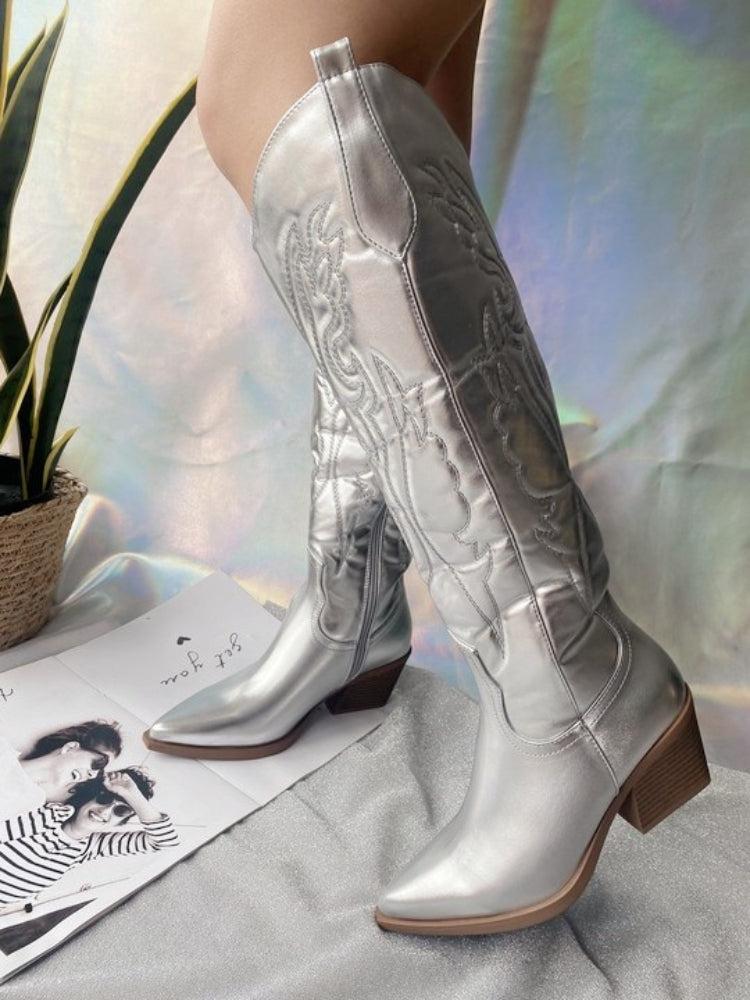 disco cowgirl western knee-high boots in silver