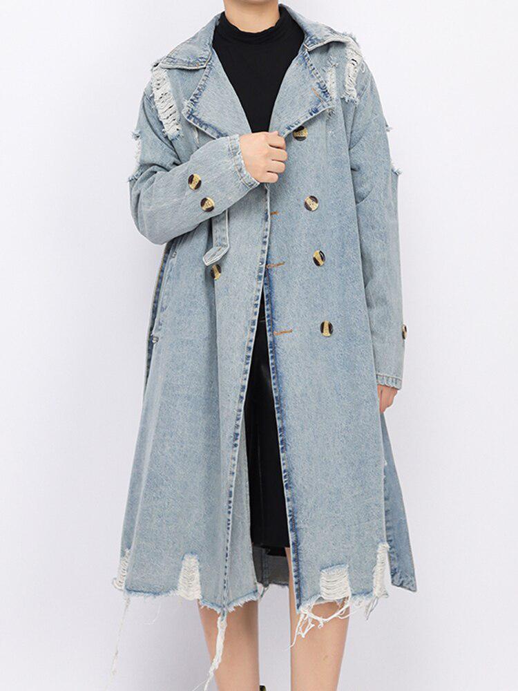 Distressed Denim Trench Coat